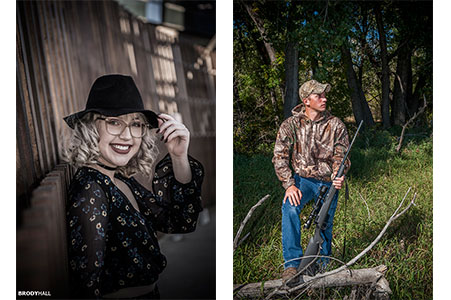 Beautiful blond female wearing a black hat posing by wood wall, male in camo with rifle