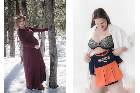 Pregnant woman in red dress by tree, pregnant mom holding baby clothes