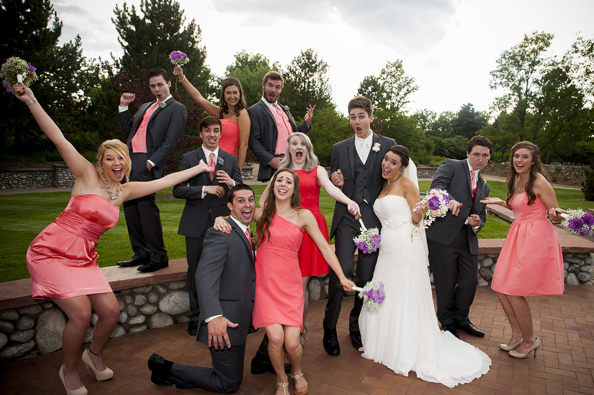 Bridal Party laughing and smiling at Hudson Gardens, Littleton, CO