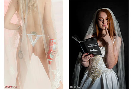 Duel Iamge, Brittany in panties and veil holding can of whip cream and handcuffs, Kerrigan reading a sex position book in wedding dress