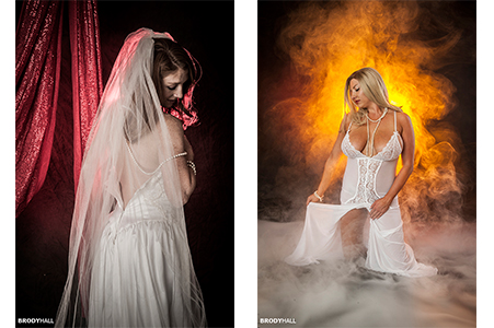 Duel image, Shannon with back of wedding dress unzipped, Kara in white lingerie with fog and orange light