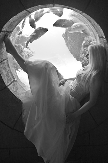 Kylea sitting in round cubby hole by fish tank