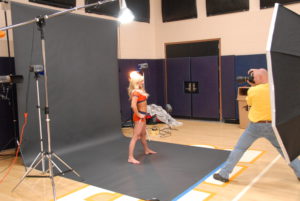 Behind the scenes image of a cheerleading squad shoot in Denver